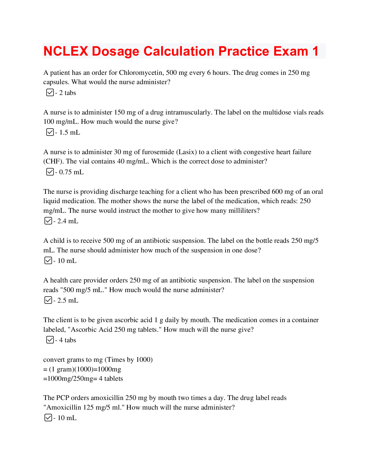 Preview image for Dosage Calculation Exam 1 Answered/explained; updated fall 2022.